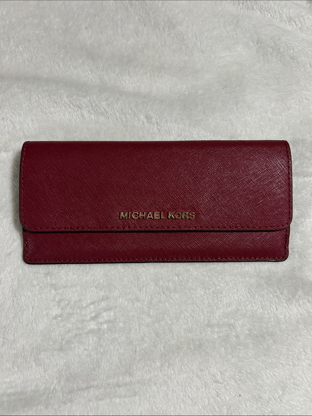Michael Kors Wine Saffiano Leather Continental Wallet with Gold Logo